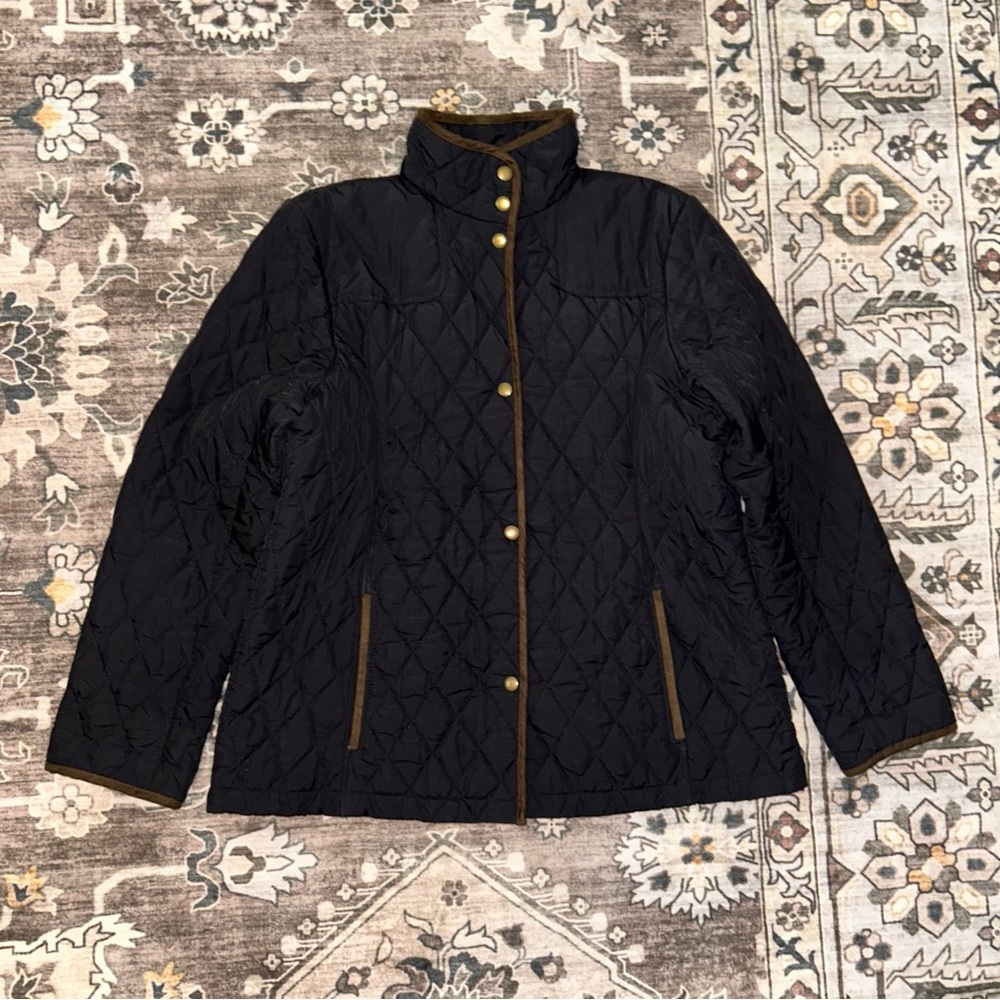 Lands' End VTG Navy Quilted Puffer Jacket with Brown Trim